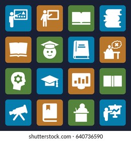 Learning icons set. set of 16 learning filled icons such as book, graduation cap, graduate emoji, teacher, gear in head, telescope