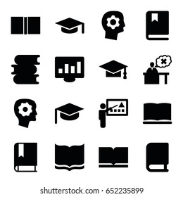 Learning icons set. set of 16 learning filled icons such as book, graduation cap, gear in head, teacher, graduation hat