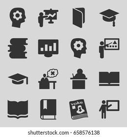 Learning icons set. set of 16 learning filled icons such as book, gear in head, magazine, teacher, arrows up, graduation hat