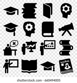 Learning icons set. set of 16 learning filled icons such as book, graduation cap, gear in head, magazine, teacher, arrows up, graduation hat