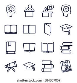 learning icons set. Set of 16 learning outline icons such as book, graduation cap, gear in head, magazine, teacher, telescope