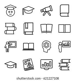 Learning icons set. set of 16 learning outline icons such as book, magazine, gear in head, graduate emoji, graduation hat, teacher, telescope