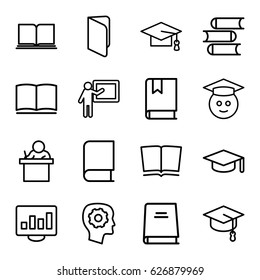 Learning icons set. set of 16 learning outline icons such as book, graduation cap, gear in head, graduate emoji, graduation hat, teacher, arrows up