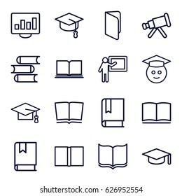 Learning icons set. set of 16 learning outline icons such as book, graduation cap, graduate emoji, graduation hat, teacher, telescope, arrows up