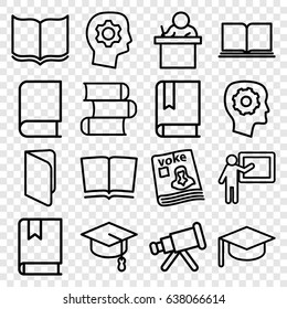 Learning icons set. set of 16 learning outline icons such as book, gear in head, magazine, teacher, telescope, arrows up