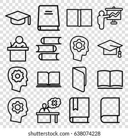 Learning icons set. set of 16 learning outline icons such as book, graduation cap, gear in head, teacher