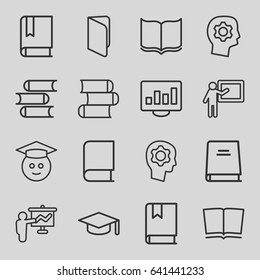 Learning icons set. set of 16 learning outline icons such as book, gear in head, graduate emoji, graduation hat, teacher