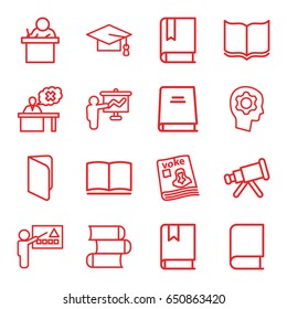 Learning icons set. set of 16 learning outline icons such as book, graduation cap, magazine, teacher, gear in head