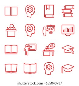 Learning icons set. set of 16 learning outline icons such as book, graduation cap, gear in head, teacher, graduation hat