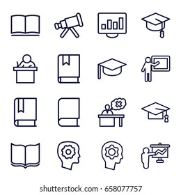 Learning icons set. set of 16 learning outline icons such as book, graduation cap, gear in head, teacher, telescope, arrows up, graduation hat