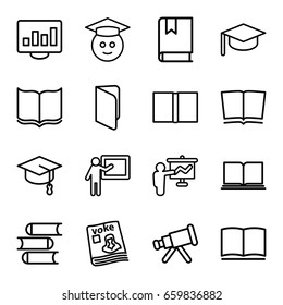 Learning icons set. set of 16 learning outline icons such as book, magazine, graduate emoji, teacher, telescope, arrows up, graduation hat
