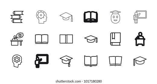 Learning icons. set of 18 editable outline learning icons: book, graduation hat, teacher, gear in head, arrows up, graduation cap