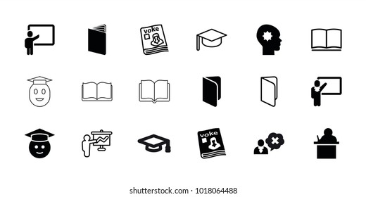 Learning icons. set of 18 editable filled and outline learning icons: book, teacher, graduate emoji, magazine, graduation hat