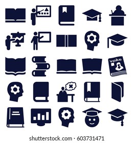 Learning icons set. set of 25 learning filled icons such as book, graduation cap, gear in head, graduate emoji, magazine, teacher, arrows up, graduation hat