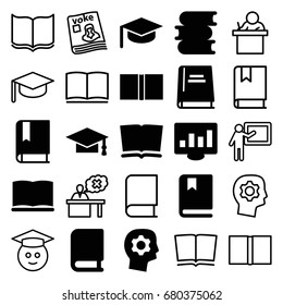 Learning icons set. set of 25 learning filled and outline icons such as book, graduation cap, gear in head, magazine, teacher, graduate emoji, graduation hat