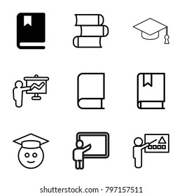 Learning icons. set of 9 editable outline learning icons such as book, graduate emoji, teacher