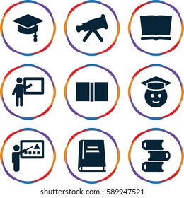 learning icons set. Set of 9 learning filled icons such as graduate emoji, book, teacher, arrows up