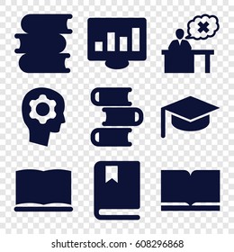 Learning icons set. set of 9 learning filled icons such as book, teacher, gear in head, graduation hat