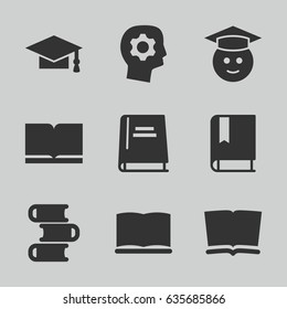 Learning icons set. set of 9 learning filled icons such as graduation cap, graduate emoji, book