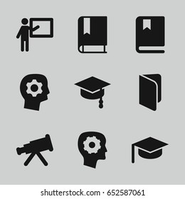 Learning icons set. set of 9 learning filled icons such as gear in head, book, arrows up, teacher, telescope