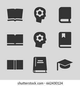 Learning icons set. set of 9 learning filled icons such as book, gear in head