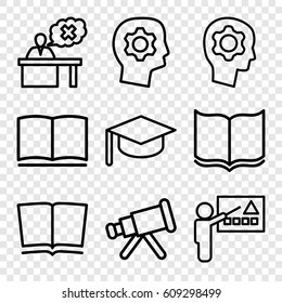 Learning icons set. set of 9 learning outline icons such as book, teacher, gear in head, telescope