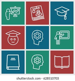 Learning icons set. set of 9 learning outline icons such as book, magazine, gear in head, graduate emoji, teacher