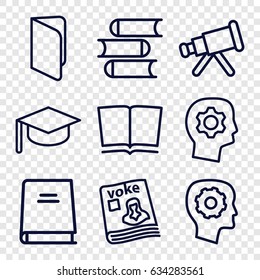 Learning icons set. set of 9 learning outline icons such as book, gear in head, magazine, telescope