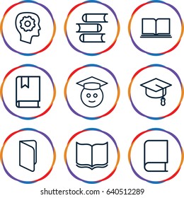 Learning icons set. set of 9 learning outline icons such as book, gear in head, graduate emoji