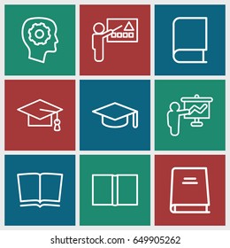 Learning icons set. set of 9 learning outline icons such as graduation cap, gear in head, book, graduation hat