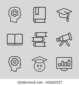Learning icons set. set of 9 learning outline icons such as book, gear in head, graduate emoji, telescope, arrows up