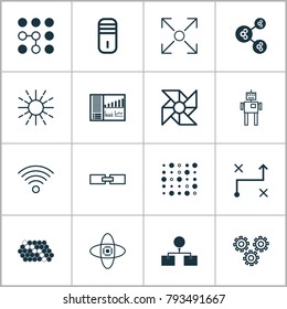 Learning icons set with analysis diagram, lightness mode, computing problems and other mechanism parts elements. Isolated vector illustration learning icons.
