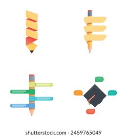 Learning icons set cartoon vector. Colorful stationery and graduation cap. Education, training