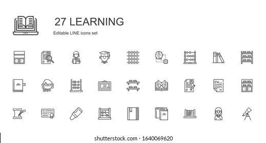 learning icons set. Collection of learning with abacus, books, book, crayon, diploma, literature, curriculum, open book, bookshelf, teacher. Editable and scalable learning icons.