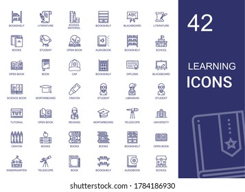 conjunto de iconos de aprendizaje. Colección de aprendizaje con estantería, literatura, material escolar, pizarra, libros, estudiante, libro abierto, audiolibro. Iconos de aprendizaje modificables y escalables.