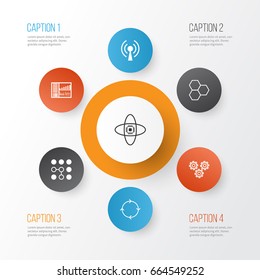 Learning Icons Set. Collection Of Computing Problems, Atomic Cpu, Mechanism Parts And Other Elements. Also Includes Symbols Such As Panel, Gear, Brain.