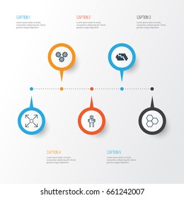 Learning Icons Set. Collection Of Information Components, Mechanism Parts, Hive Pattern And Other Elements. Also Includes Symbols Such As Toy, Gear, Cells.