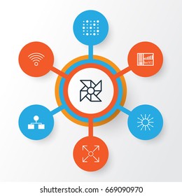 Learning Icons Set. Collection Of Laptop Ventilator, Branching Program, Wireless Communications And Other Elements. Also Includes Symbols Such As Data, Structure, Shine.