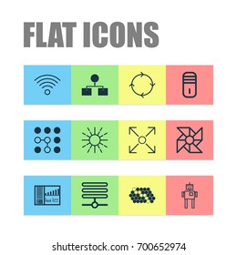 Learning Icons Set. Collection Of Laptop Ventilator, Information Base, Wireless Communications And Other Elements. Also Includes Symbols Such As Shine, Brightness, Analysis.