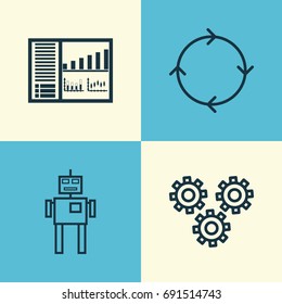 Learning Icons Set. Collection Of Mechanism Parts, Cyborg, Recurring Program And Other Elements. Also Includes Symbols Such As Cogwheels, Algorithm, Cycle.