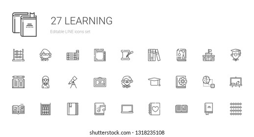learning icons set. Collection of learning with open book, diary, blackboard, audiobook, book, bookshelf, mortarboard, teacher, diploma. Editable and scalable learning icons.
