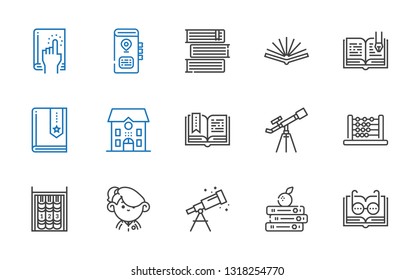 learning icons set. Collection of learning with open book, books, telescope, student, bookshelf, abacus, school, book. Editable and scalable learning icons.