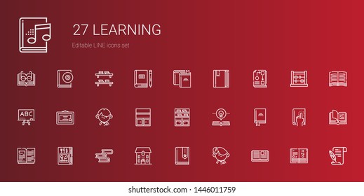 learning icons set. Collection of learning with open book, student, book, school, bookshelf, diploma, blackboard, workflow, books, literature. Editable and scalable learning icons.