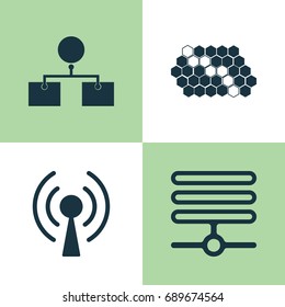 Learning Icons Set. Collection Of Radio Waves, Hive Pattern, Information Base And Other Elements. Also Includes Symbols Such As Design, Network, Wi-Fi.