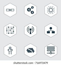 Learning Icons Set. Collection Of Radio Waves, Related Information, Cyborg And Other Elements. Also Includes Symbols Such As Design, Hive, Variable.