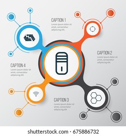 Learning Icons Set. Collection Of Recurring Program, Hive Pattern, Information Components And Other Elements. Also Includes Symbols Such As Wifi, Microprocessor, Mainframe.