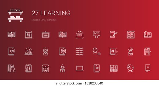 learning icons set. Collection of learning with science book, book, blackboard, reading, school, workflow, books, audiobook, artificial intelligence. Editable and scalable learning icons.