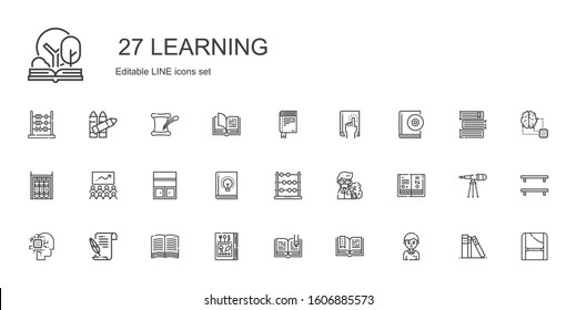 learning icons set. Collection of learning with student, open book, book, literature, artificial intelligence, science book, professor, abacus. Editable and scalable learning icons.