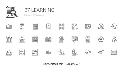 learning icons set. Collection of learning with telescope, professor, artificial intelligence, open book, abacus, bookshelf, kindergarten. Editable and scalable learning icons.