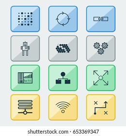 Learning Icons Set. Collection Of Wireless Communications, Related Information, Controlling Board And Other Elements. Also Includes Symbols Such As Robot, Design, Analysis.